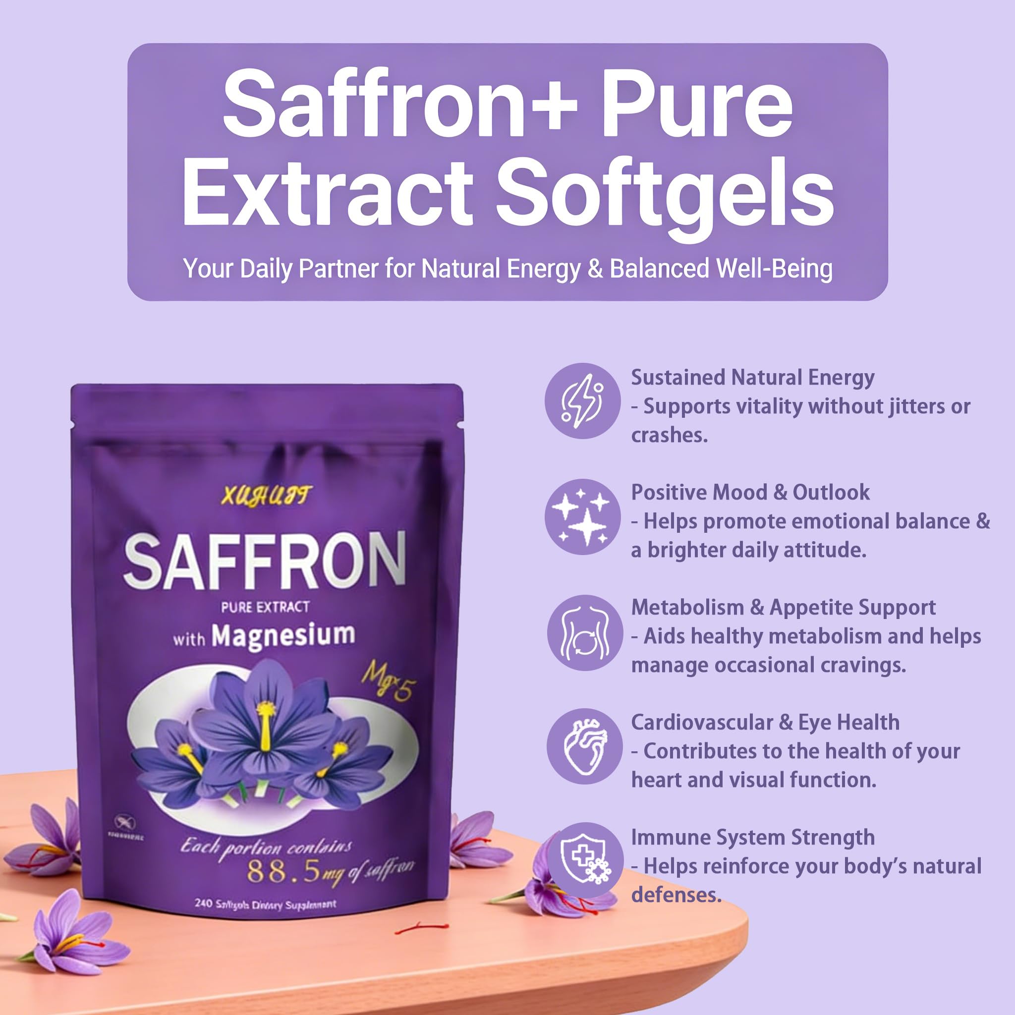 Closeup of SERSANVE saffron extract highlighting premium blend for focus and calm.