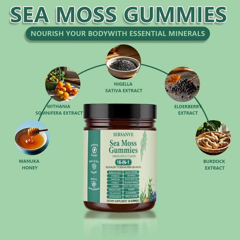 SERSANVE Sea Moss Gummies bottle back panel with ingredients and usage guidance