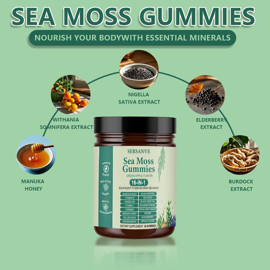 SERSANVE Sea Moss Gummies bottle back panel with ingredients and usage guidance