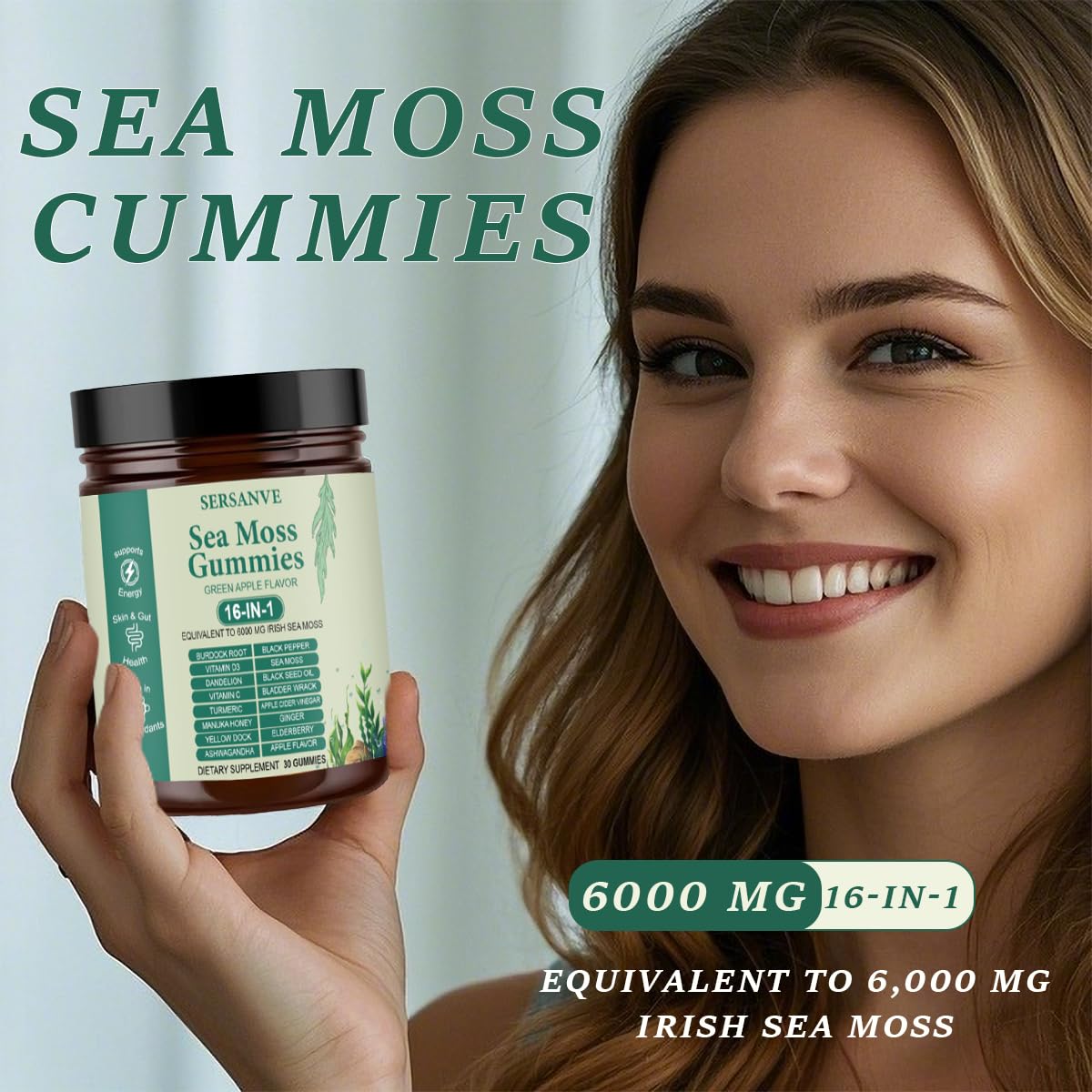 SERSANVE Sea Moss Gummies 16-in-1 blend label highlighting botanicals