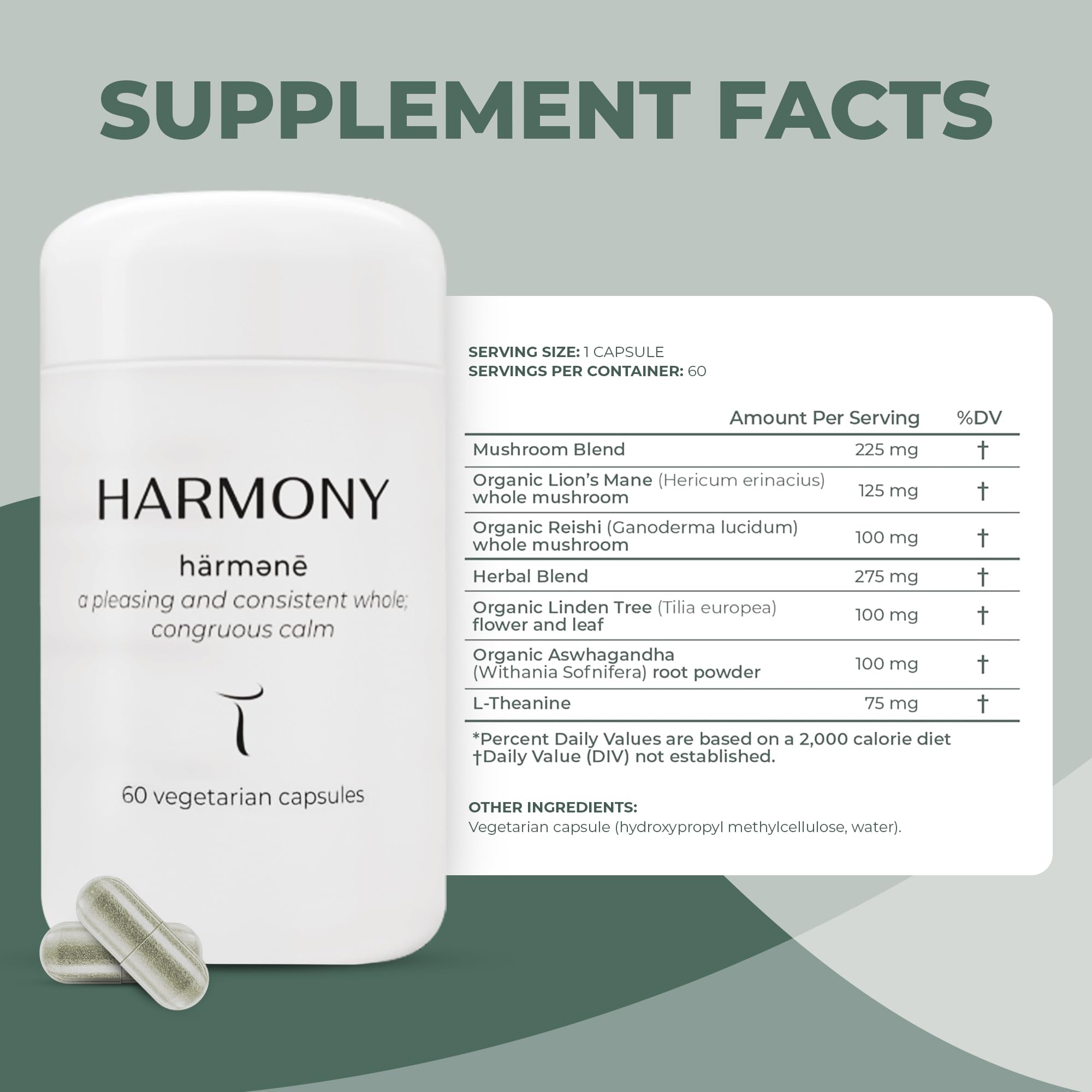 Setas Harmony capsules closeup highlighting vegan capsules for stress support.