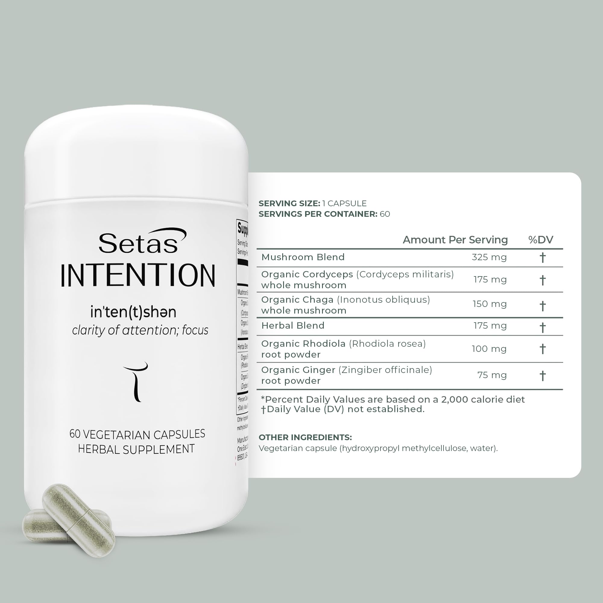 Setas Intention bottle label highlighting organic Chaga and Cordyceps ingredients.