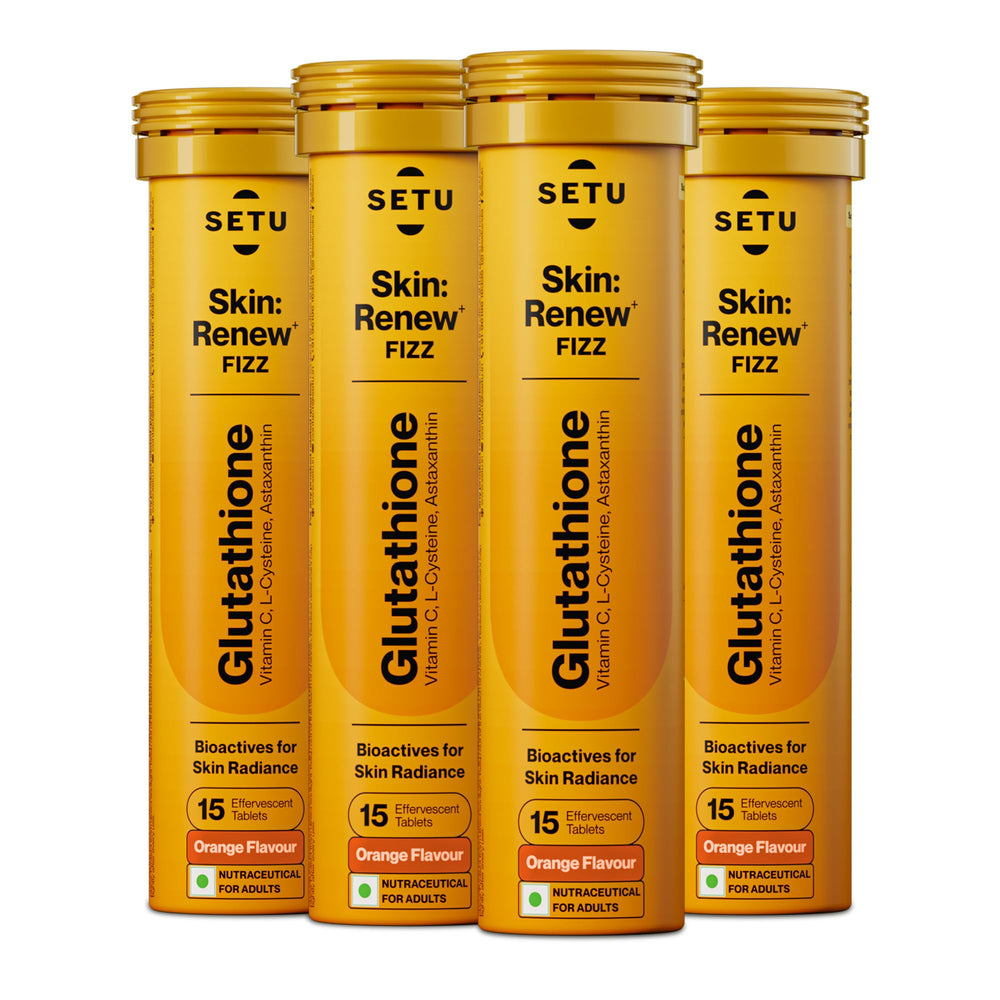 Setu Glutathione effervescent tablets in bottle for daily antioxidant support.