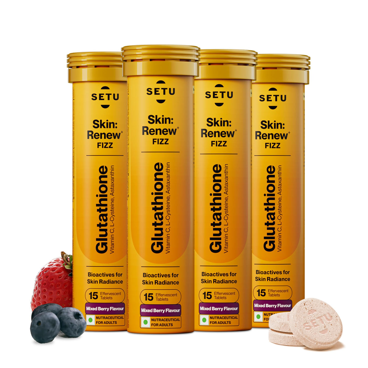SETU Glutathione effervescent tablets in mixed berry bottle for daily antioxidant support