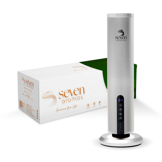 Seven Aromas SV726 diffuser front view in silver enhances a stylish living room.