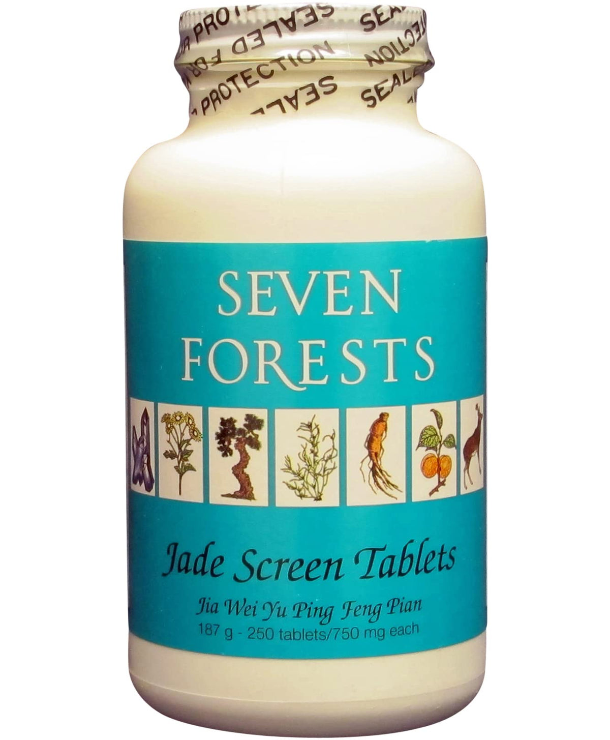 Seven Forests Jade Screen Tablets packshot, sleek bottle labeled for daily wellness support.