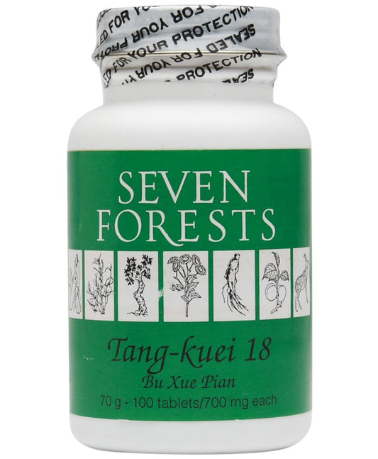Seven Forests Tang-kuei-18 bottle displayed for daily vitality.