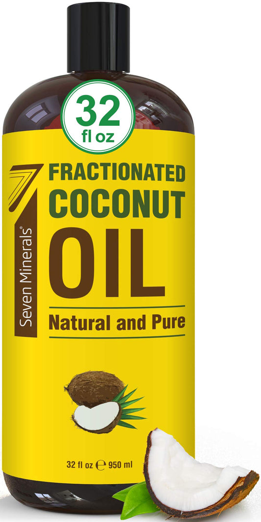 Seven Minerals fractionated coconut oil bottle ready for massage and skin care