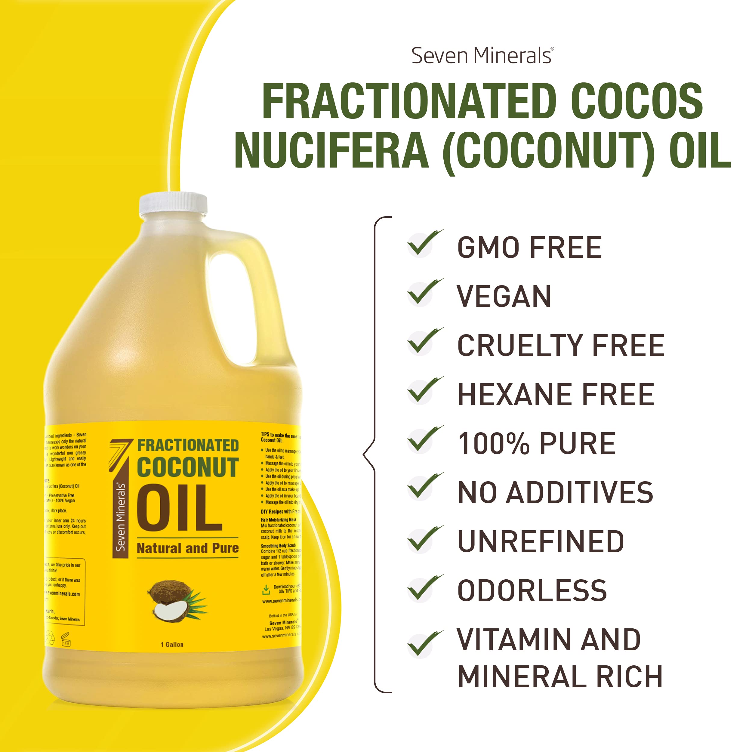 Seven Minerals bottle label front; 128 oz bulk carrier oil for diluting essential oils.