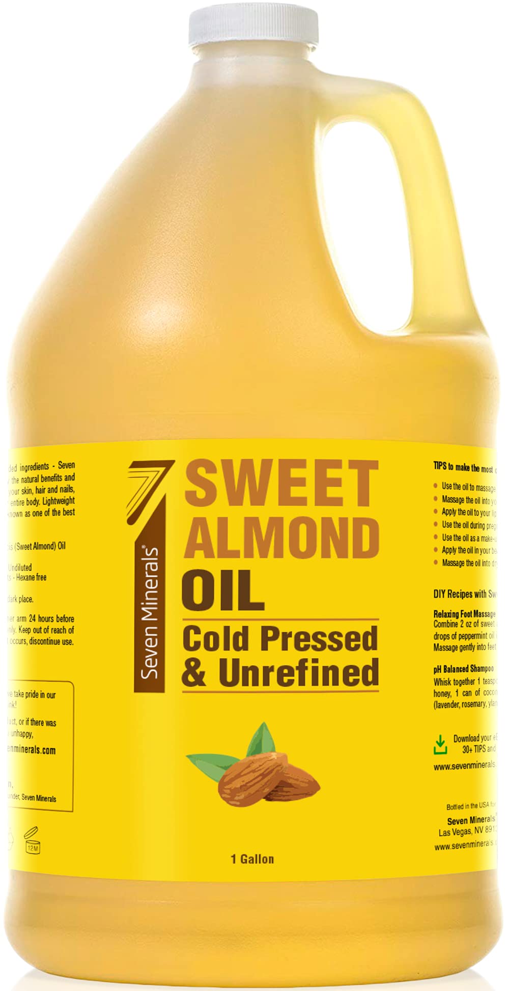 Seven Minerals Sweet Almond Oil bottle pour for skin hydration and gentle hair conditioning.