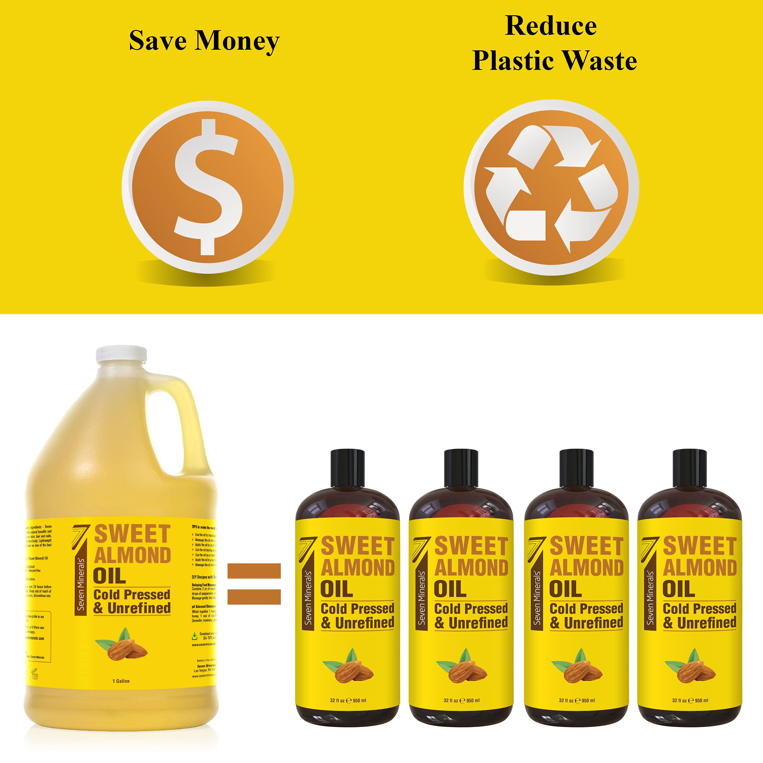 Seven Minerals sweet almond oil for hair care, scalp massage, and shine.