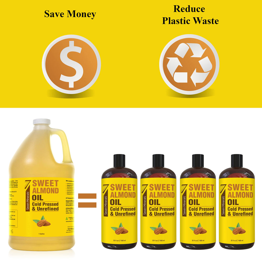 Seven Minerals sweet almond oil for hair care, scalp massage, and shine.