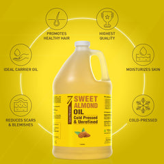 Seven Minerals almond oil label close-up highlighting purity and natural ingredients.