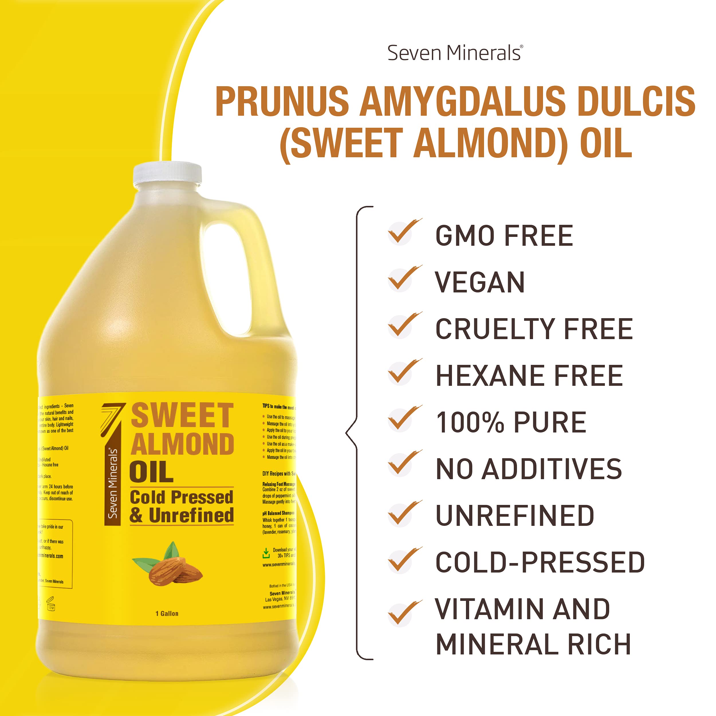 Seven Minerals almond oil texture in hand emphasizes lightweight, fast-absorbing nourishment.
