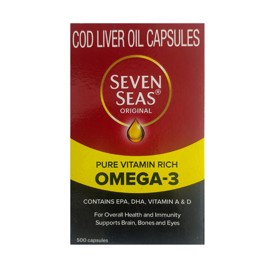 Seven Seas Cod Liver Oil bottle on white background for daily omega-3 support.