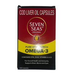 Seven Seas Cod Liver Oil label with ingredients and serving size.