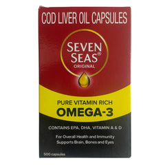 Seven Seas Cod Liver Oil bottle on kitchen counter ready for routine.