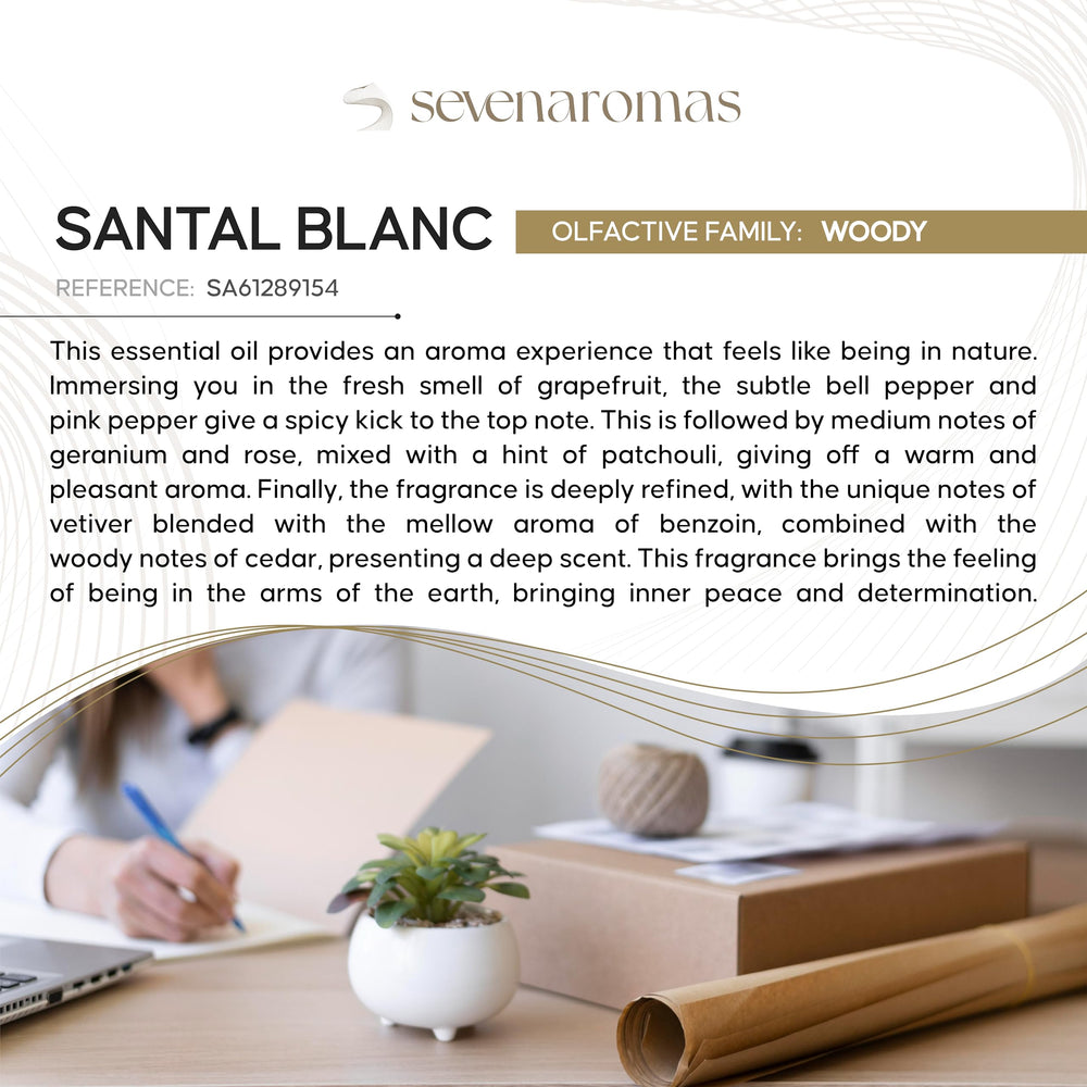 SevenAromas Santal Blanc bottle pour highlights easy application and warm sandalwood notes.