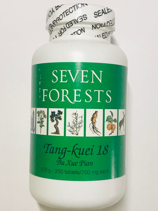 Seven Forests Tang-kuei 18 bottle promotes daily blood nourishment potential.