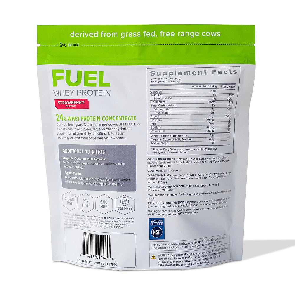 SFH Fuel strawberry shake in glass showing creamy texture and flavor.