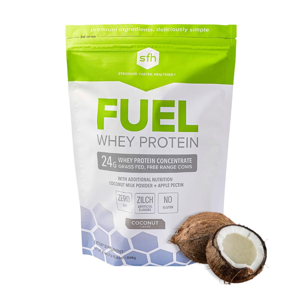 SFH Fuel Whey Protein Powder tub front with coconut flavor for busy mornings