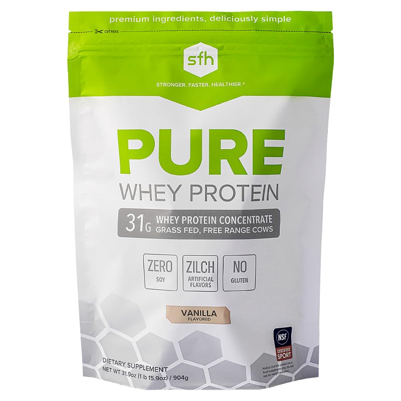 SFH Pure Whey Vanilla bottle shows clean, grass-fed protein for daily fitness.