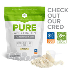 SFH Pure Whey Vanilla ingredients label confirms a clean, non-GMO protein profile.