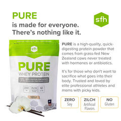 SFH Pure Whey Vanilla packaging reflects ethical grass-fed sourcing.