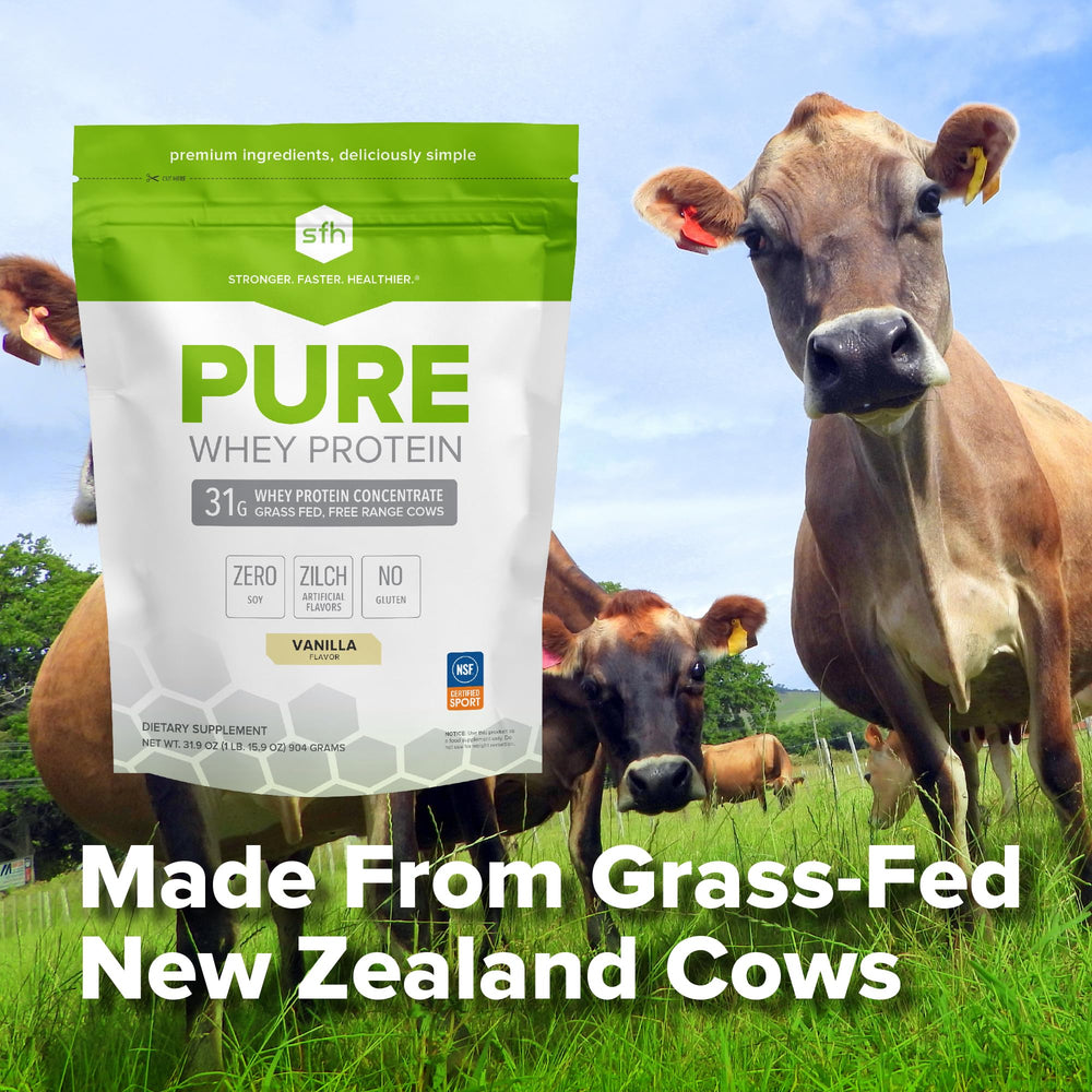 SFH Pure Whey Vanilla shake glass demonstrates smooth mixability and flavor.