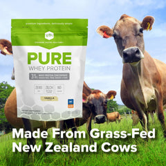 SFH Pure Whey Vanilla shake glass demonstrates smooth mixability and flavor.