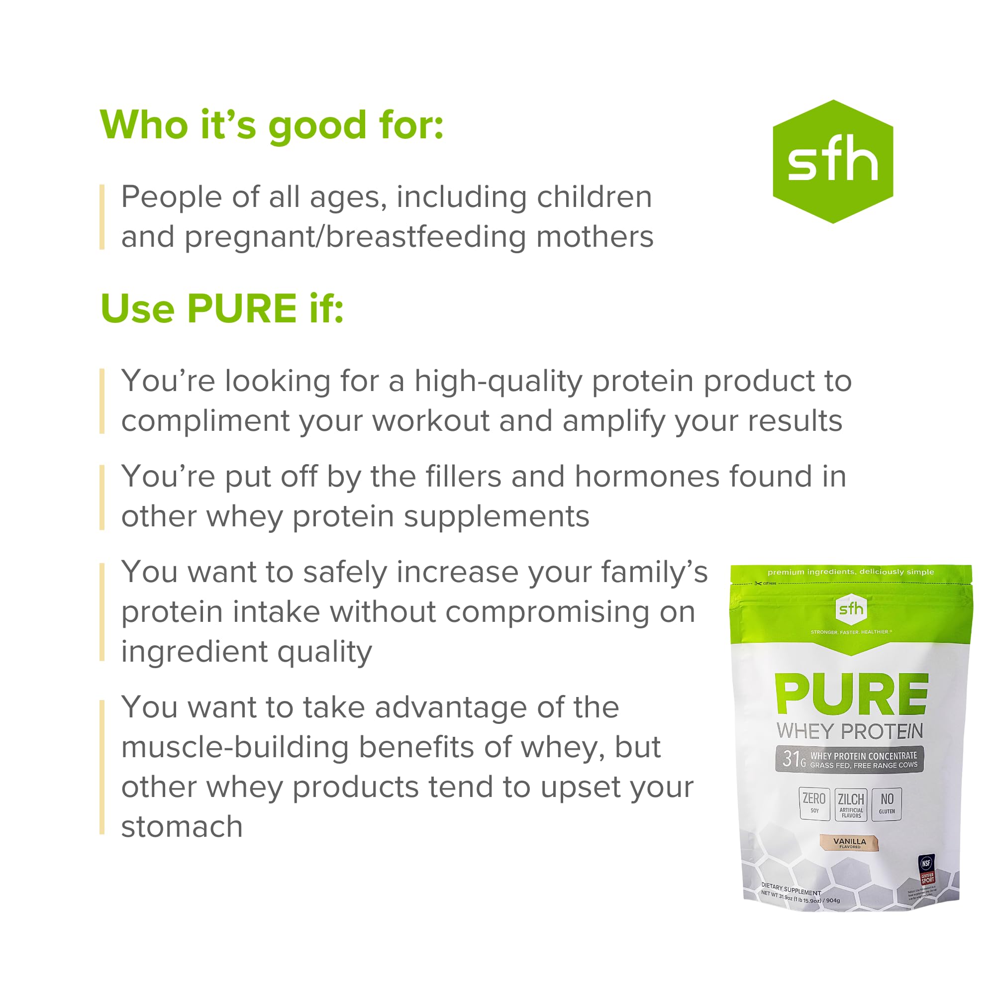 SFH Pure Whey Vanilla stirring spoon speeds quick protein prep.