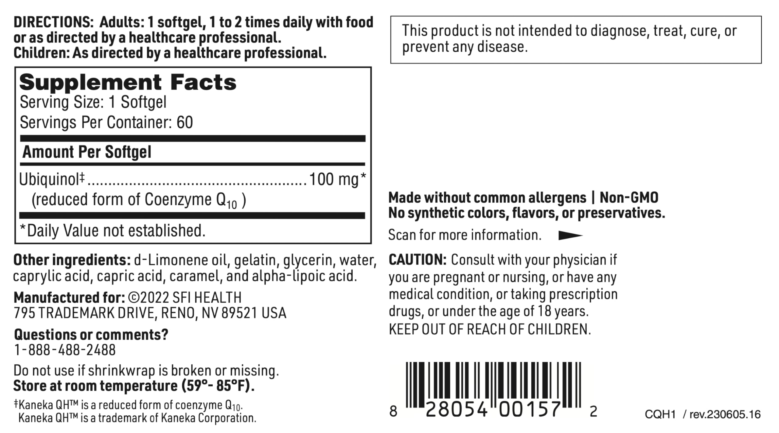 SFI Health 100mg ubiquinol formula visual highlights potency and antioxidant potential.