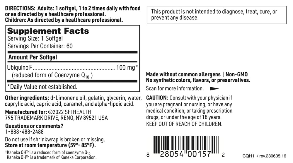 SFI Health 100mg ubiquinol formula visual highlights potency and antioxidant potential.