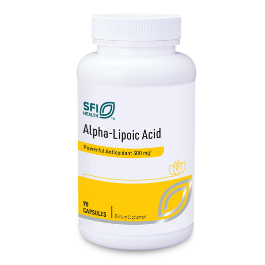 SFI Health Alpha-Lipoic Acid 500mg bottle provides daily antioxidant support.