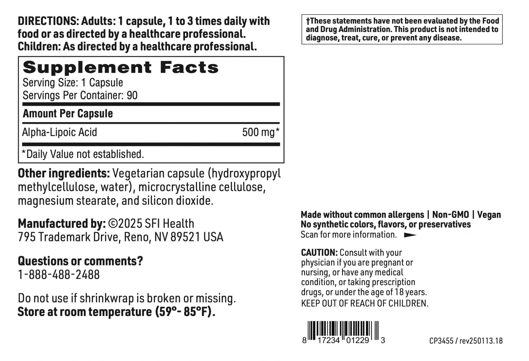 Pouring cap demonstrates easy daily dosage of SFI Health Alpha-Lipoic Acid.