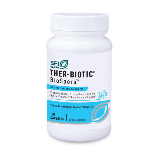 SFI Health BioSpora bottle front with capsules for daily digestive support.