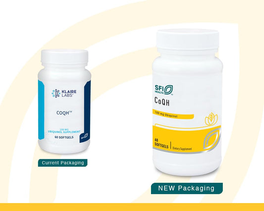 SFI Health CoQH ubiquinol capsules close-up show a convenient daily supplement.