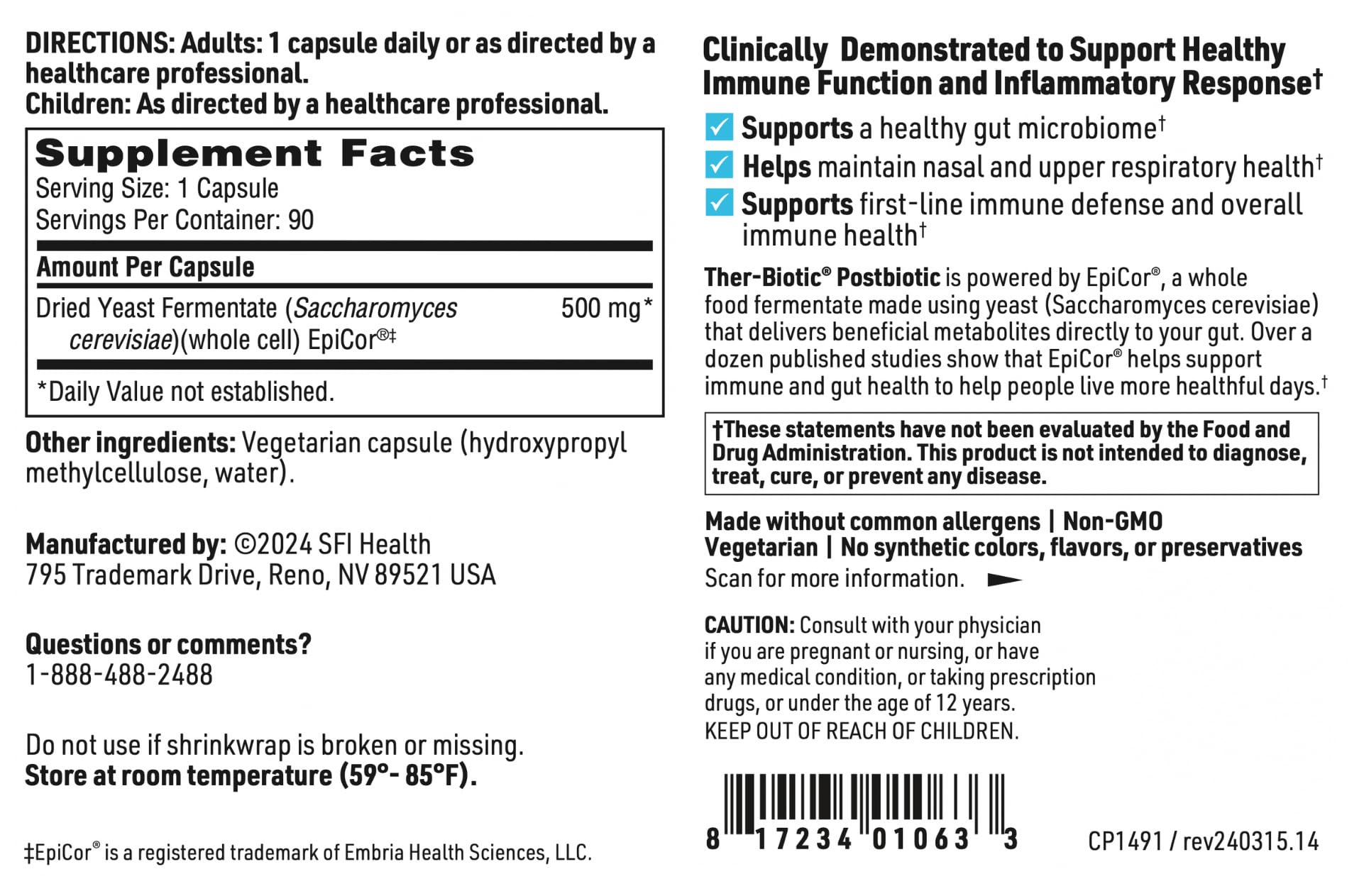 Klaire Labs EpiCor allergen-free label communicates milk-free and gluten-free choice