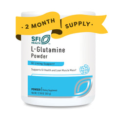 Klaire L-Glutamine powder bottle for daily gut support.
