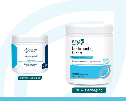 Klaire L-Glutamine powder jar highlighting hypoallergenic, gluten-free formula.
