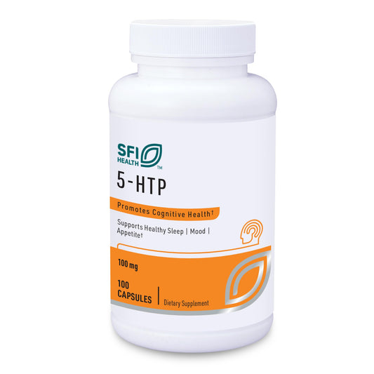 SFI Health Klaire Labs 5-HTP bottle highlights mood support potential.