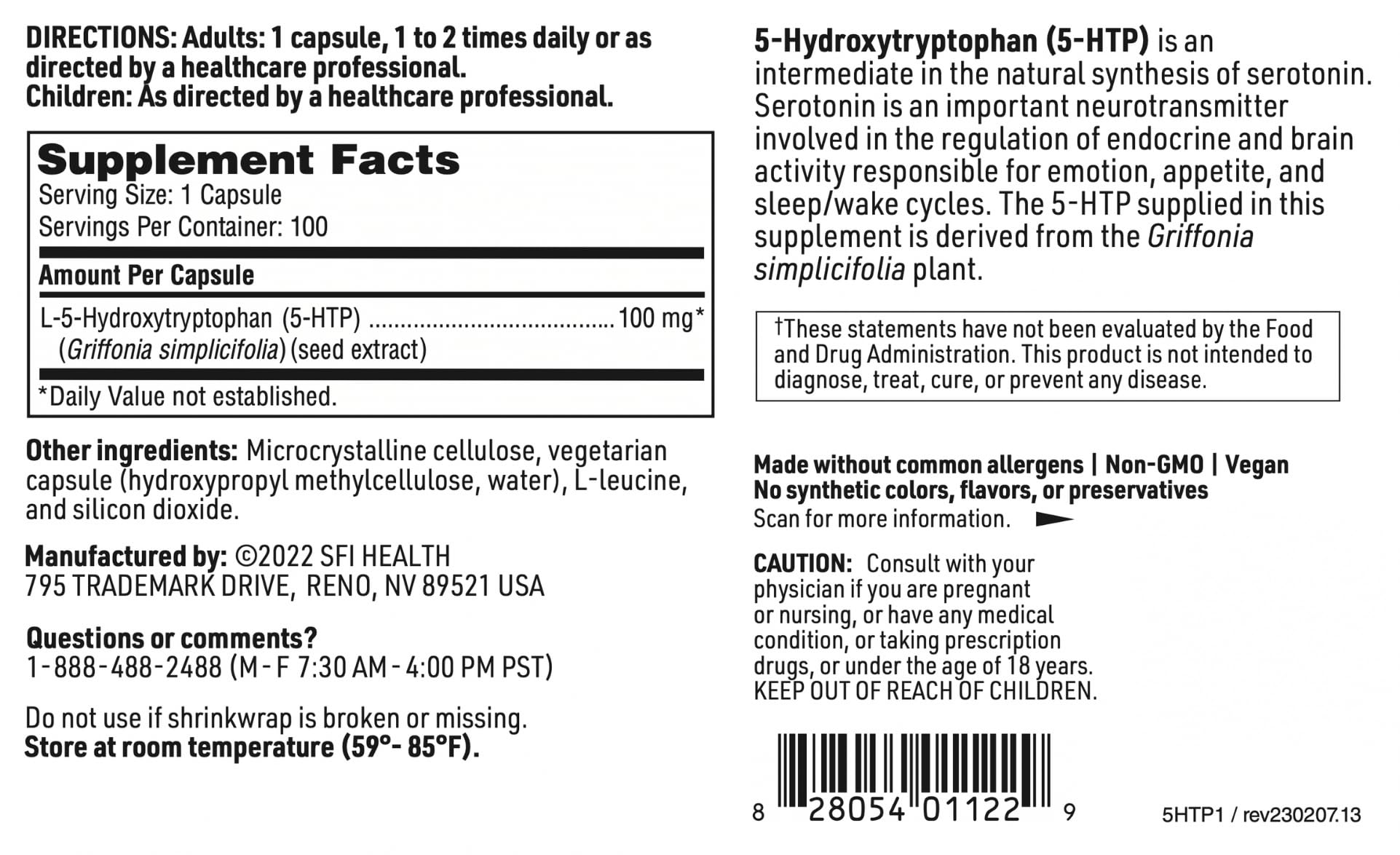 SFI Health Klaire Labs 5-HTP hypoallergenic seal signals allergen-free assurance.