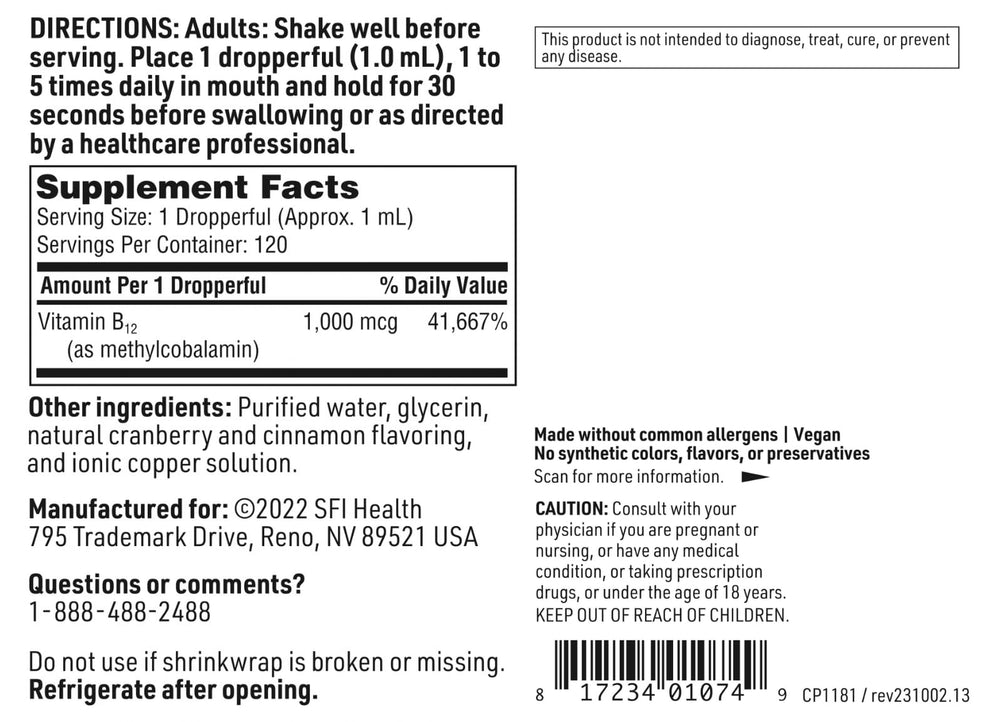 SFI Health Klaire Labs B12 liquid vegan formulation, hypoallergenic by design.