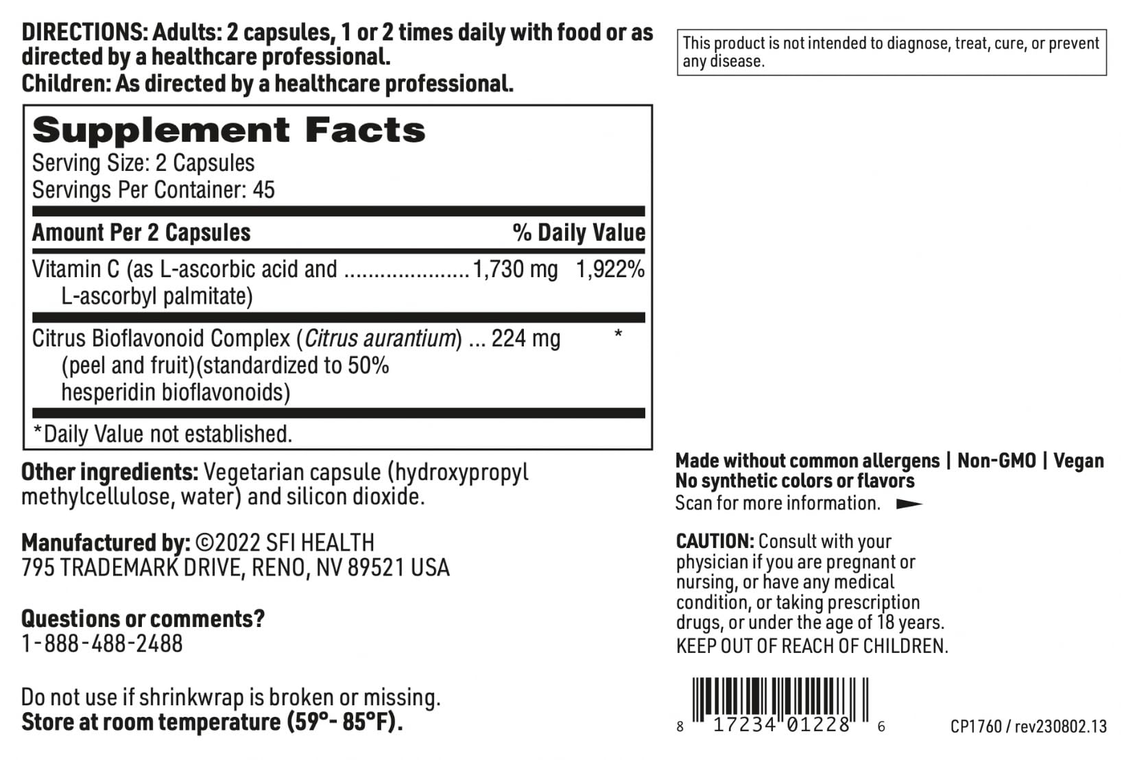 SFI Health Klaire Labs C Plus ingredient panel close-up with ascorbic acid and palmitate forms.
