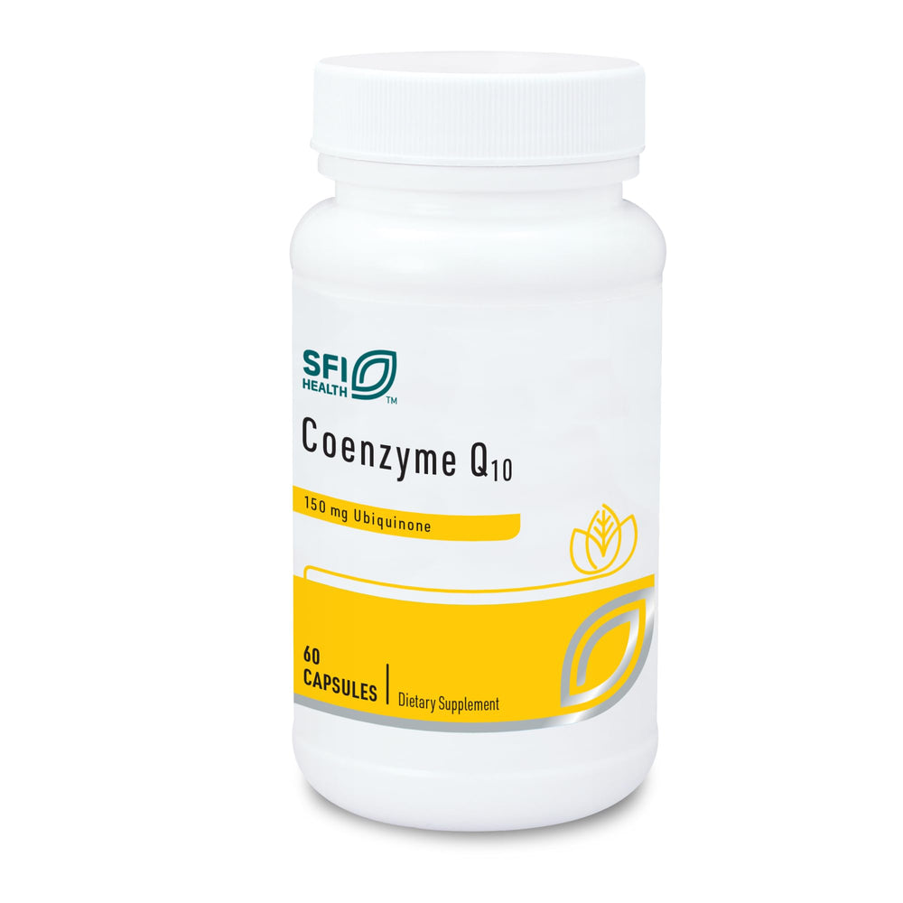 SFI Health Klaire Labs CoQ10 bottle shows 150 mg capsules for daily energy support