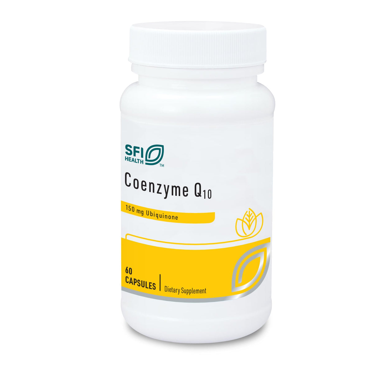 SFI Health Klaire Labs CoQ10 bottle shows 150 mg capsules for daily energy support