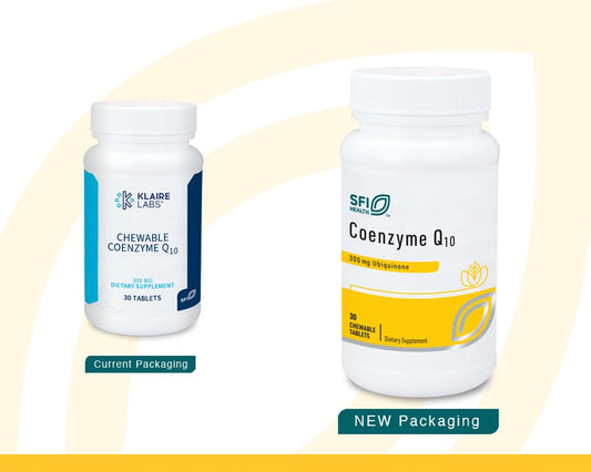 SFI Health Klaire Labs CoQ10 chewable bottle shows 300 mg strength.