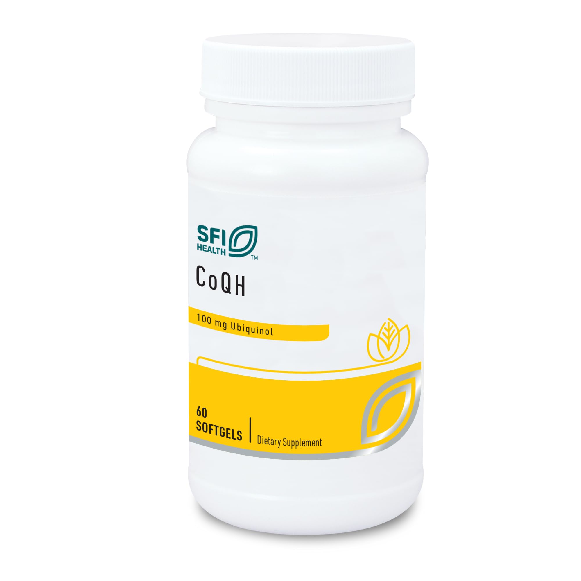SFI Health Klaire Labs CoQH bottle label spotlight highlighting ubiquinol content.