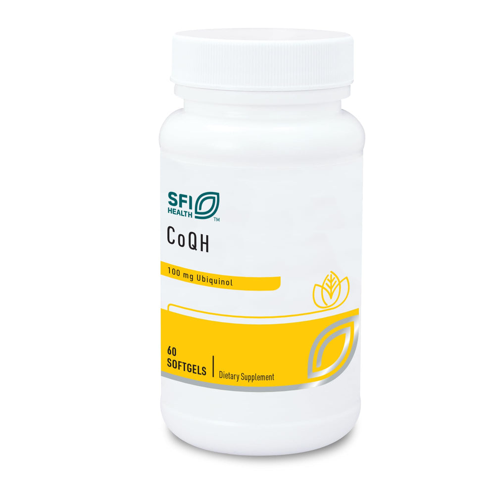 SFI Health Klaire Labs CoQH bottle label spotlight highlighting ubiquinol content.