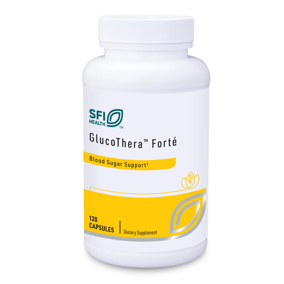 SFI Health Klaire Labs GlucoThera Forte bottle front for dairy-free chromium support.